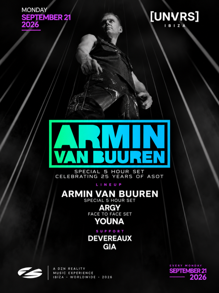 A State Of Trance continúa el 21 de septiembre en [UNVRS], Ibiza, con Armin van Buuren, Argy, Youna, Devereaux y GIA.