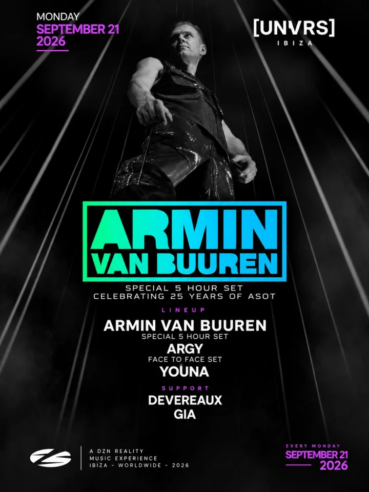 Cartel de ARMIN VAN BUUREN PRESENTS A STATE OF TRANCE: 21 de septiembre de 2026 en [UNVRS], Ibiza con Youna y Devereaux